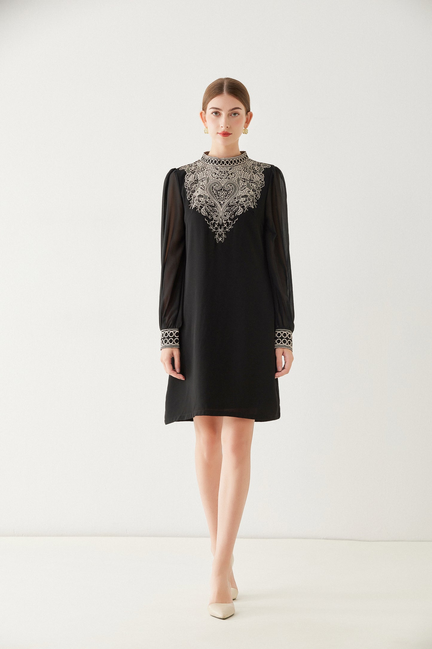 FSY-Women's Embroidered Floral Chiffon Round Neck Mini Dress