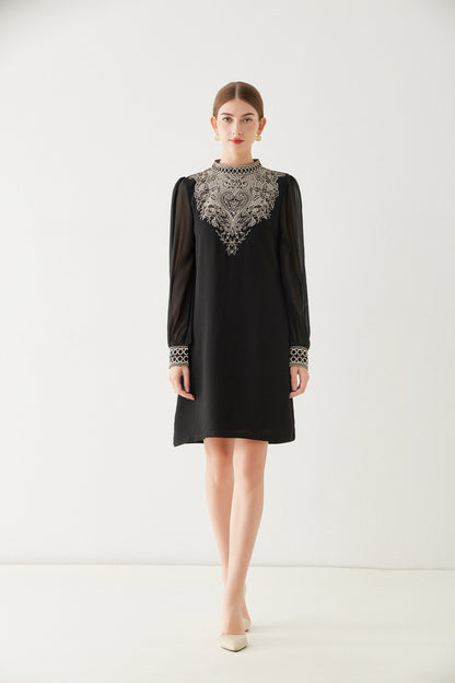 FSY-Women's Embroidered Floral Chiffon Round Neck Mini Dress