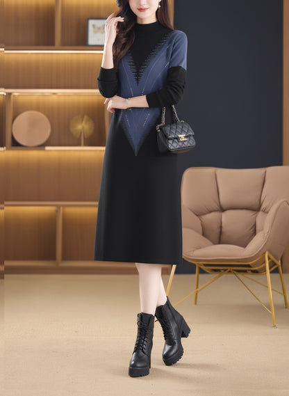 Women's Long Sleeve Sweater Knit Color Block Dress
