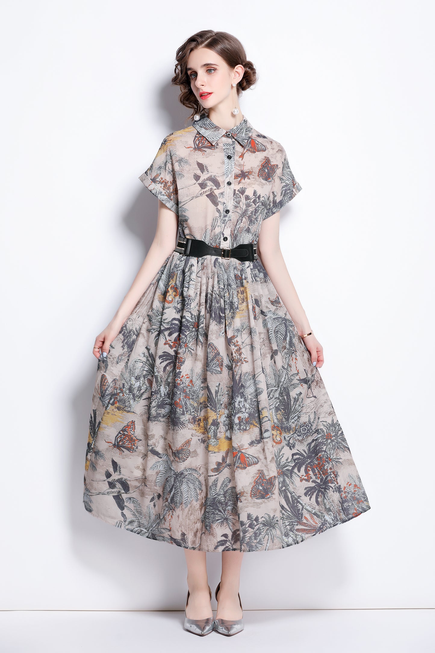 Women's Short Sleeves Print Pocket Button Midi Dress