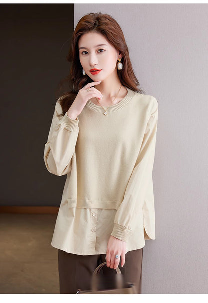 Women's Fall Patchwork Shirt Pullover Loose Blouse Tops