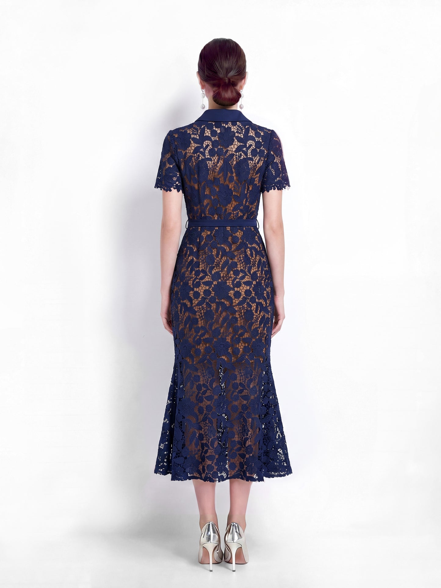 Navy Lace Mermaid Long Dress with Belt