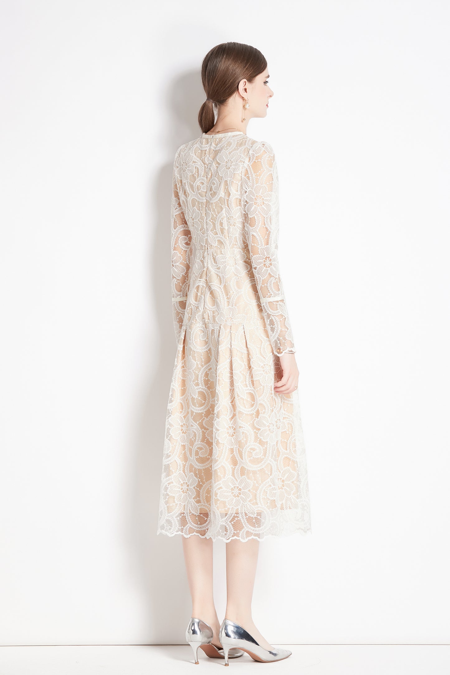 Women's Lace Floral Long Sleeve Midi Dress
