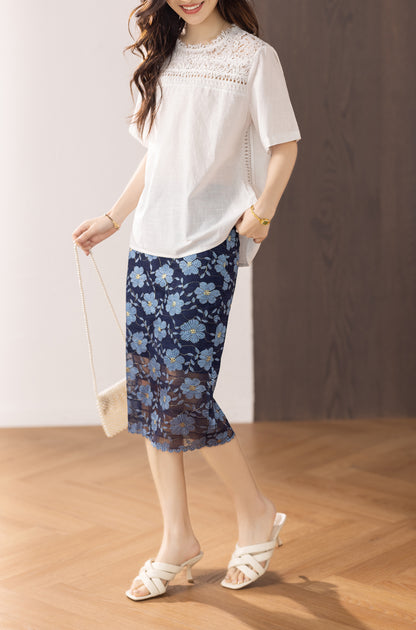 Women's Hollow Lace Short Sleeve Blouse Tops