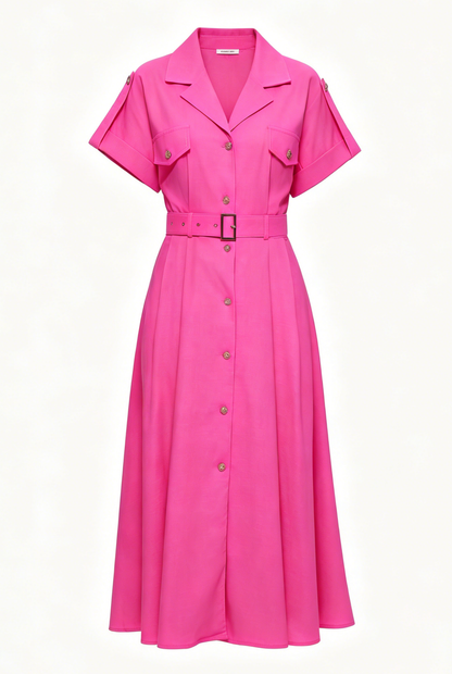 Women’s Elegant Button Front Midi Shirt Dress with Belt Loose fit