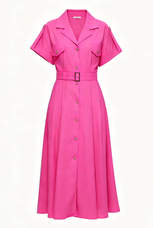 Women’s Elegant Button Front Midi Shirt Dress with Belt Loose fit