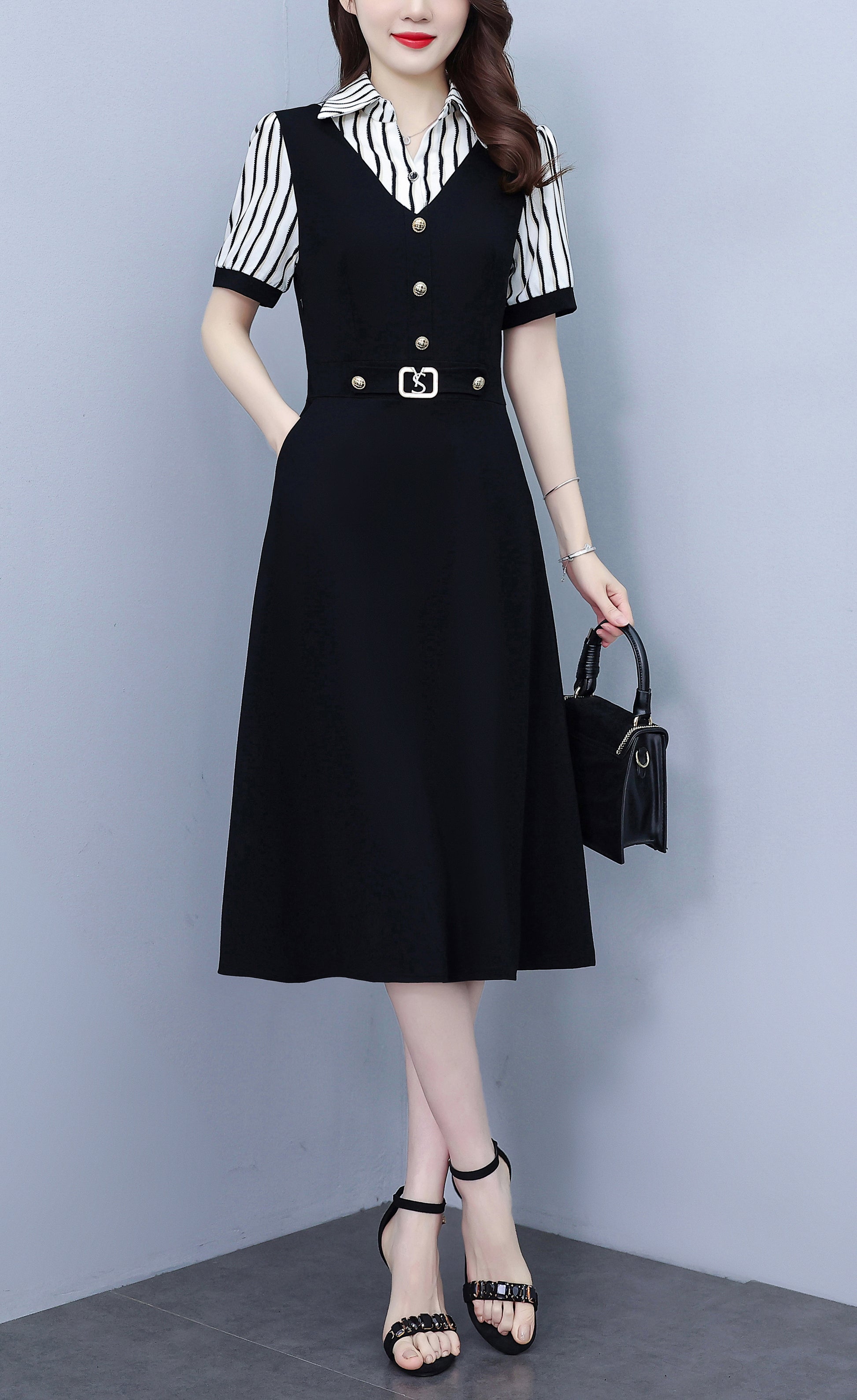Women's Lapel V-Neck Pocket Short Sleeve Midi Dress - LAI MENG FIVE CATS