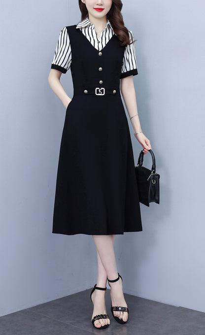 Women's Lapel V-Neck Pocket Short Sleeve Midi Dress - LAI MENG FIVE CATS