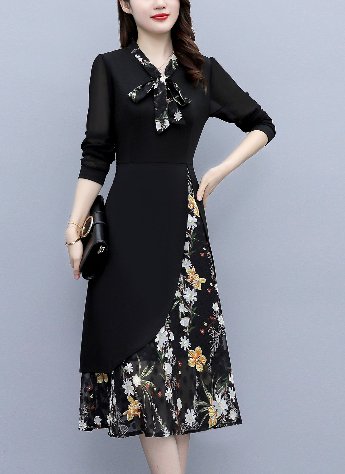 Black Layered Floral Tie-Neck Dress | $39.98