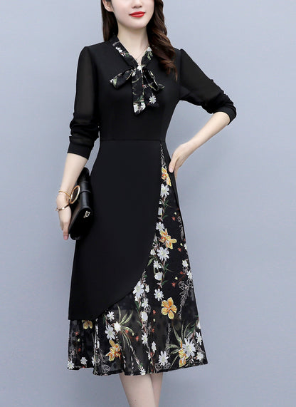 Black Layered Floral Tie-Neck Dress | $39.98