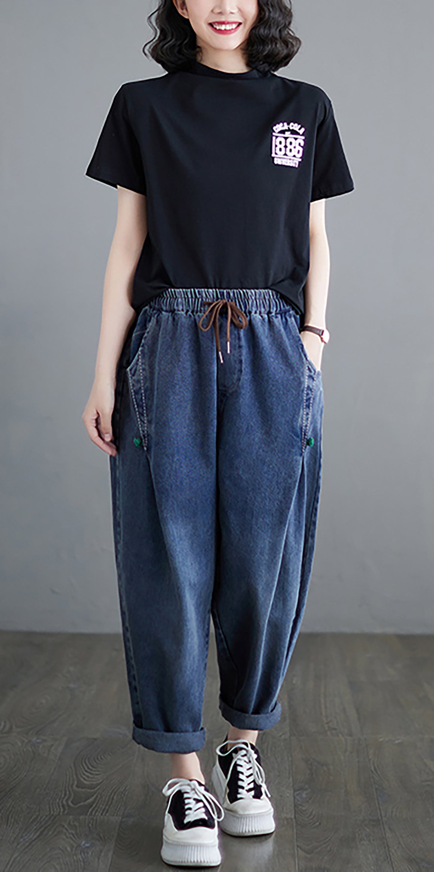 Women Loose Jeans Denim Harem Pants Elastic Waist