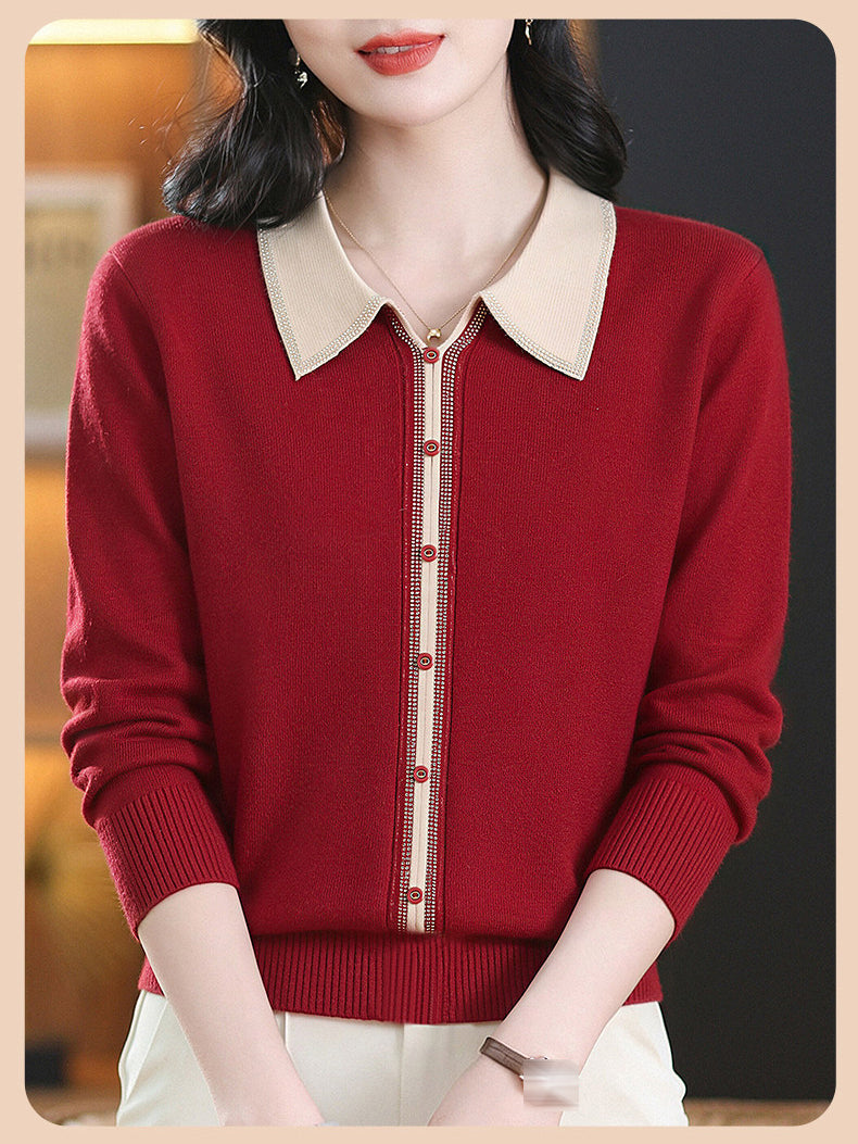 Chic Contrast Collar Knit Sweater Long Sleeve Pullover Top