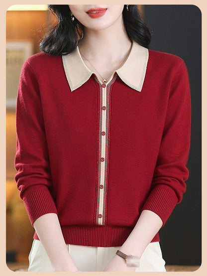 Chic Contrast Collar Knit Sweater Long Sleeve Pullover Top