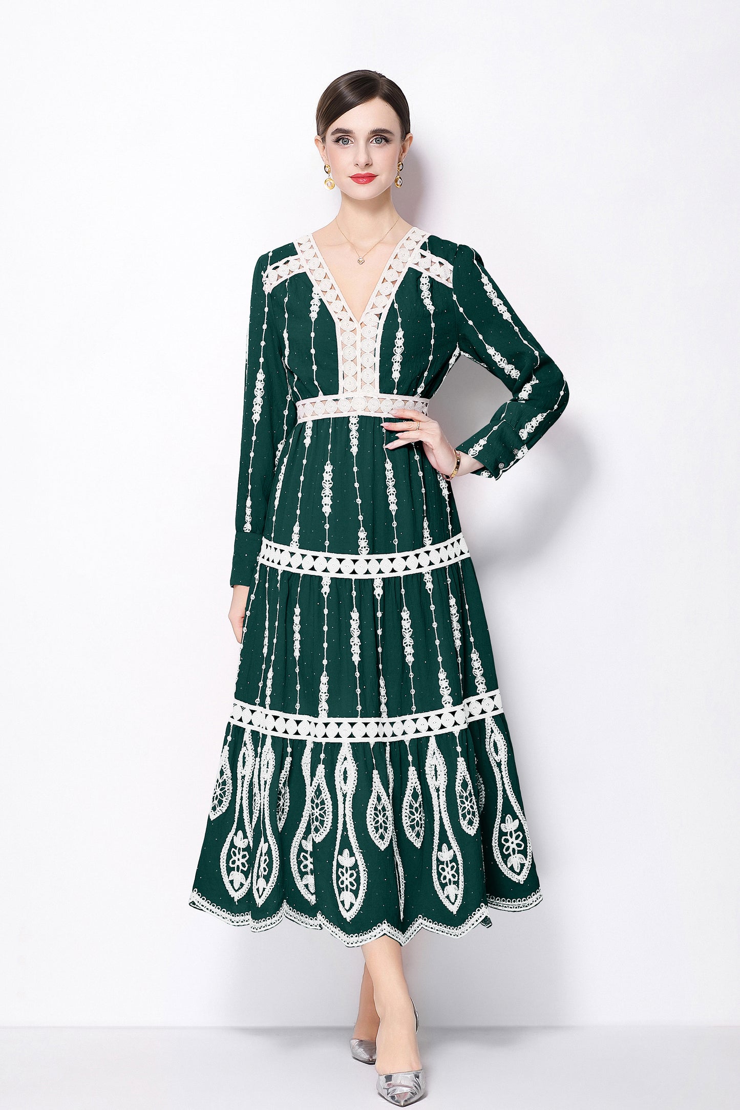 Women's V Neck Long Sleeve Hollowed Lace Linen Dress - LAI MENG FIVE CATS