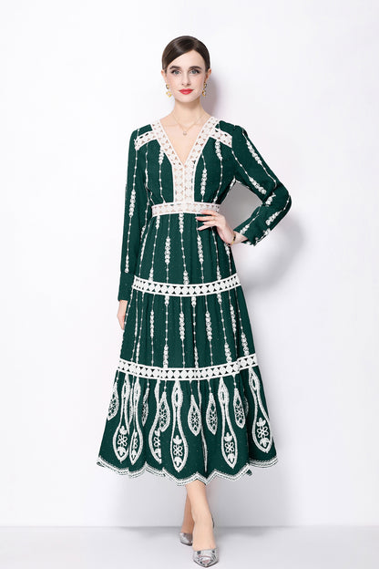 Women's V Neck Long Sleeve Hollowed Lace Linen Dress - LAI MENG FIVE CATS