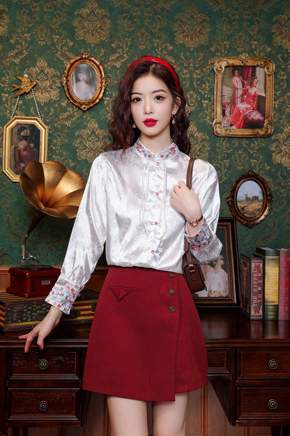 Women's Chinese Style Silk Satin Jacquard  Shirt - LAI MENG FIVE CATS