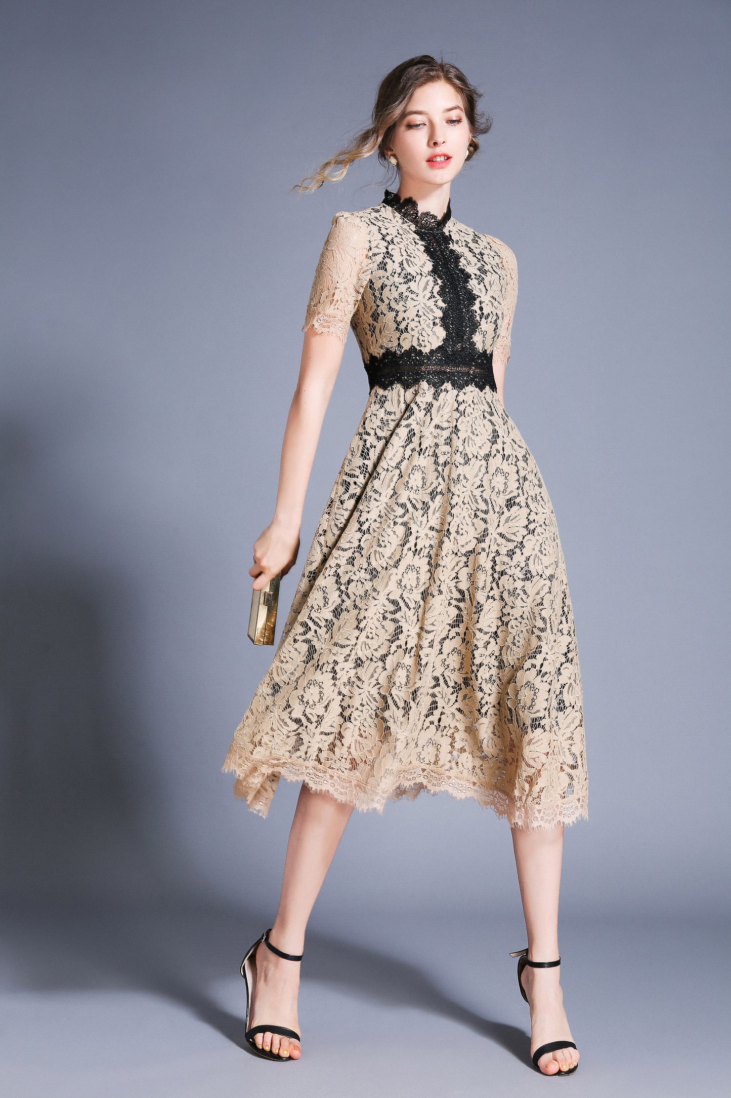 SSY-Women's Short Sleeve Lace Cocktail Midi Dress