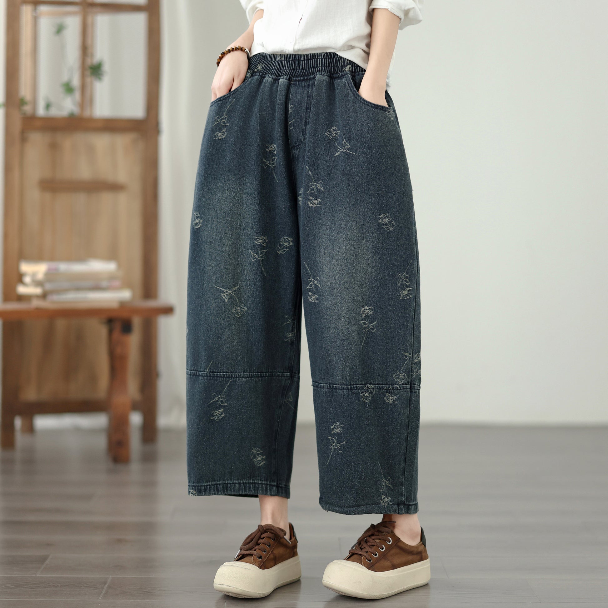 26-Women's Harem Baggy Jeans Drawstring Barrel Denim - LAI MENG FIVE CATS