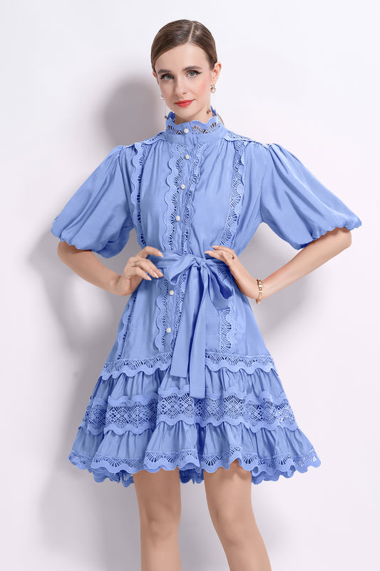 Women Mock Neck Puff Sleeve Lace Mini Dress - LAI MENG FIVE CATS