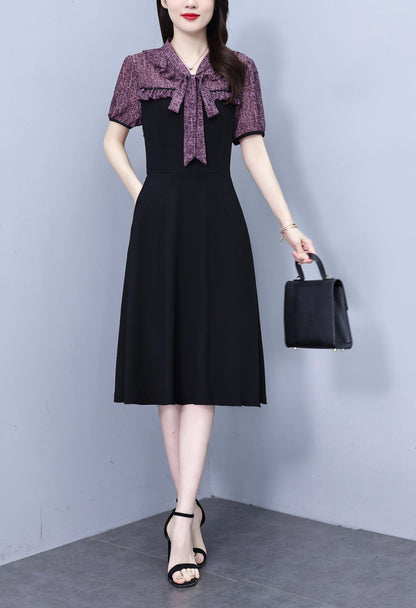 Women's Tie V-Neck Short Sleeve Pocket Midi Dress