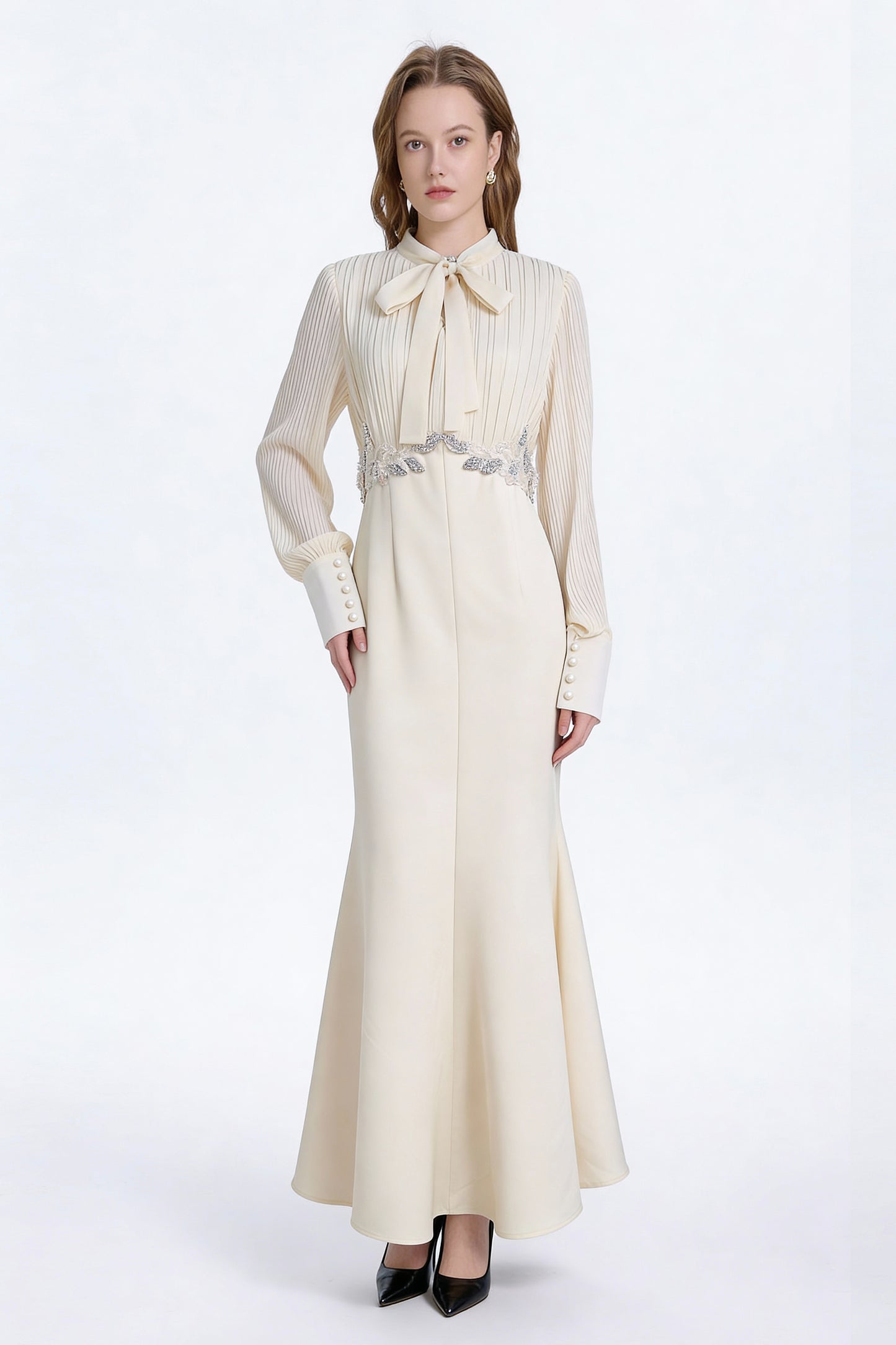 Women's Tie Neck Pleated Shirts Bodycon Fishtail Dress - LAI MENG FIVE CATS