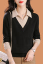 Women's Polo Contrast Collar Sweater Pullover Top