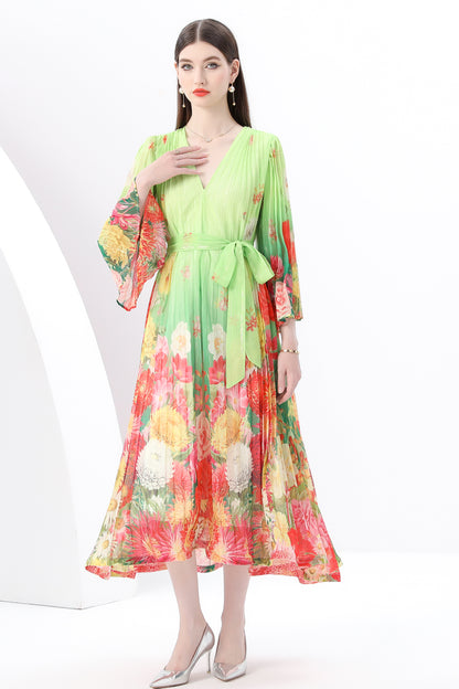 Women's  V Neck Pleated Flare Sleeve Flowy Maxi Dress