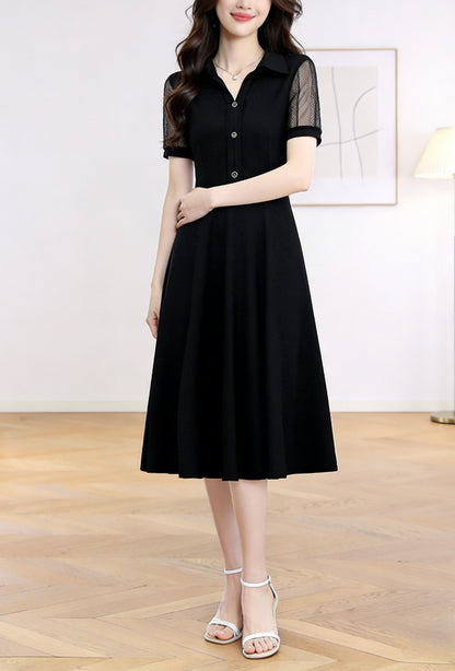26-Women's Lapel V-Neck  Pockets Midi Dress - LAI MENG FIVE CATS