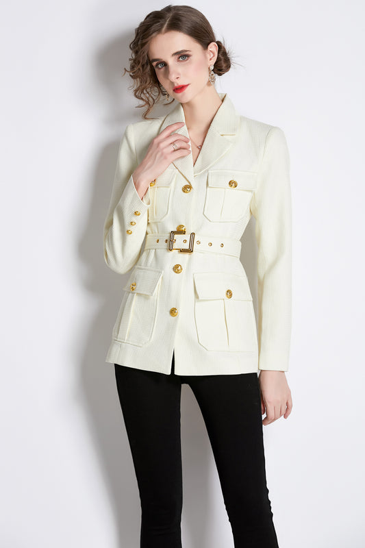 Single Breasted Lapel Neck Blazer Belted Trench Coat with Pockets