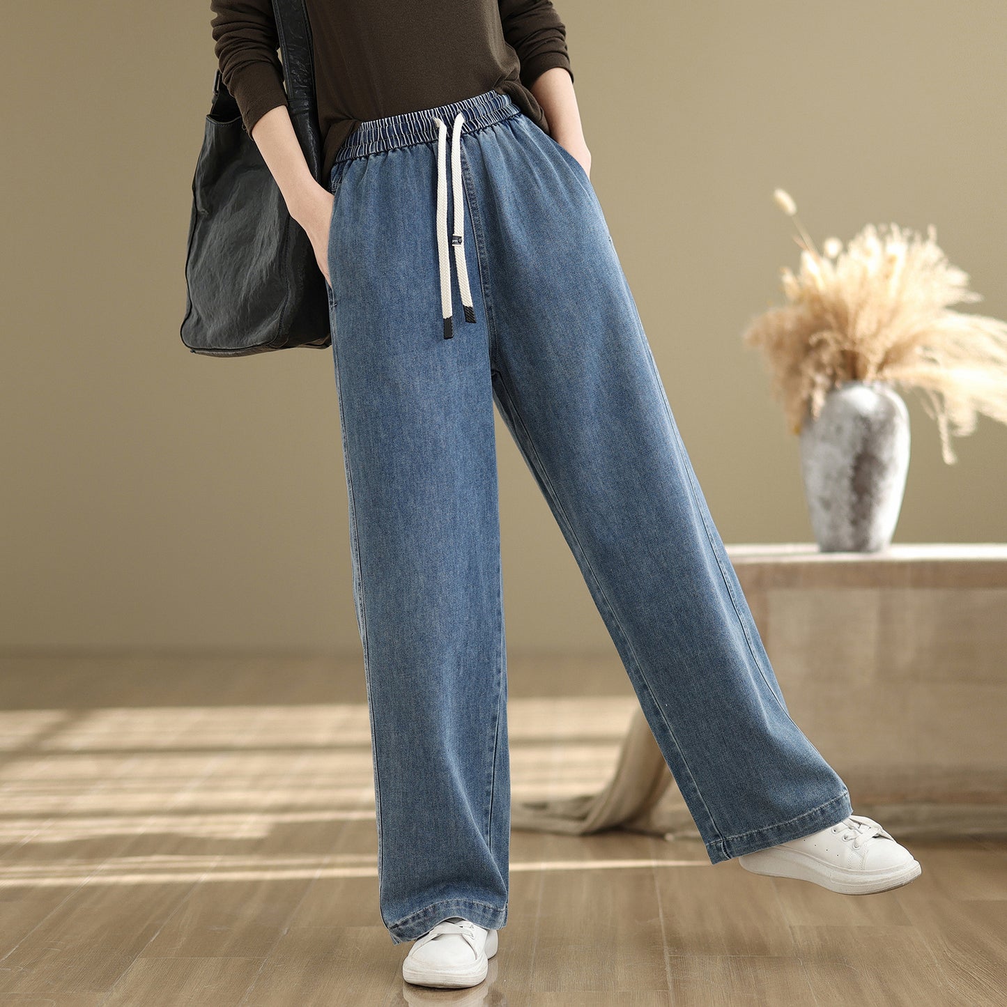 Women's Wide-Leg Jeans Elastic Waist Drawstring Pants