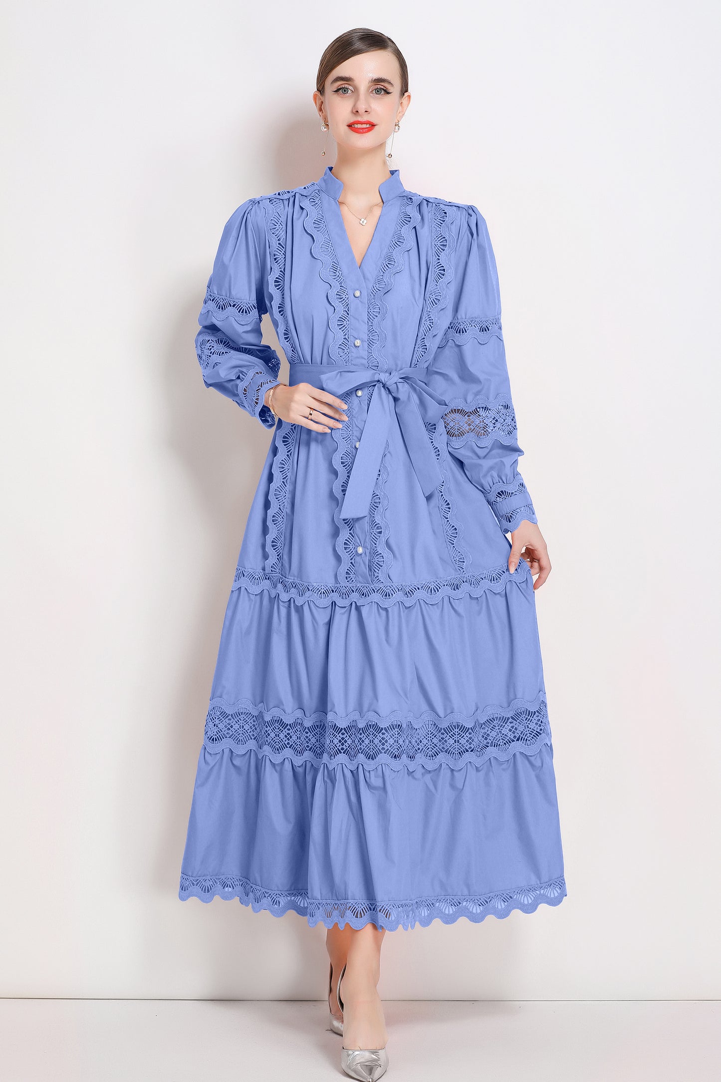 Women's V-Neck Puff Sleeve Lace Tiered Maxi Dress