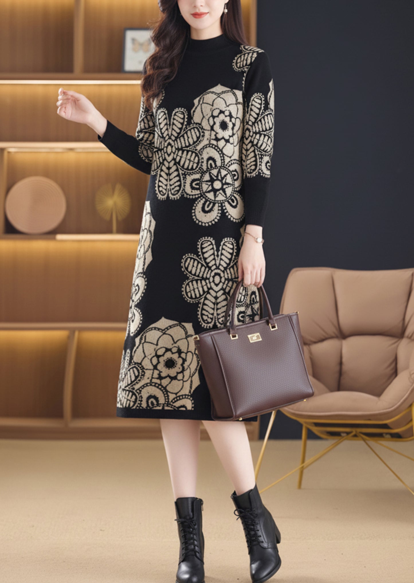 Women's Long Sleeve Print Ribbed Knitted Sweater Dress
