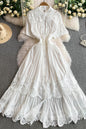 Women's Hollow-Out Lace Short Sleeve Pleats Maxi Dress