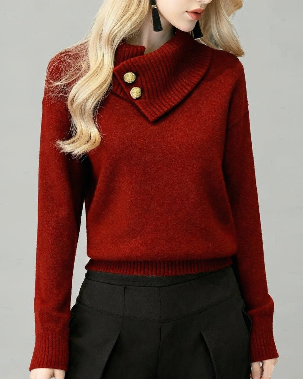 Women's Fine-Knit Funnel Neck Top — Asymmetric Fold Collar with Button Detail