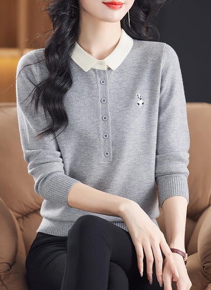 Polo Layered Knit Top with Bunny Embroidery & Contrast Collar