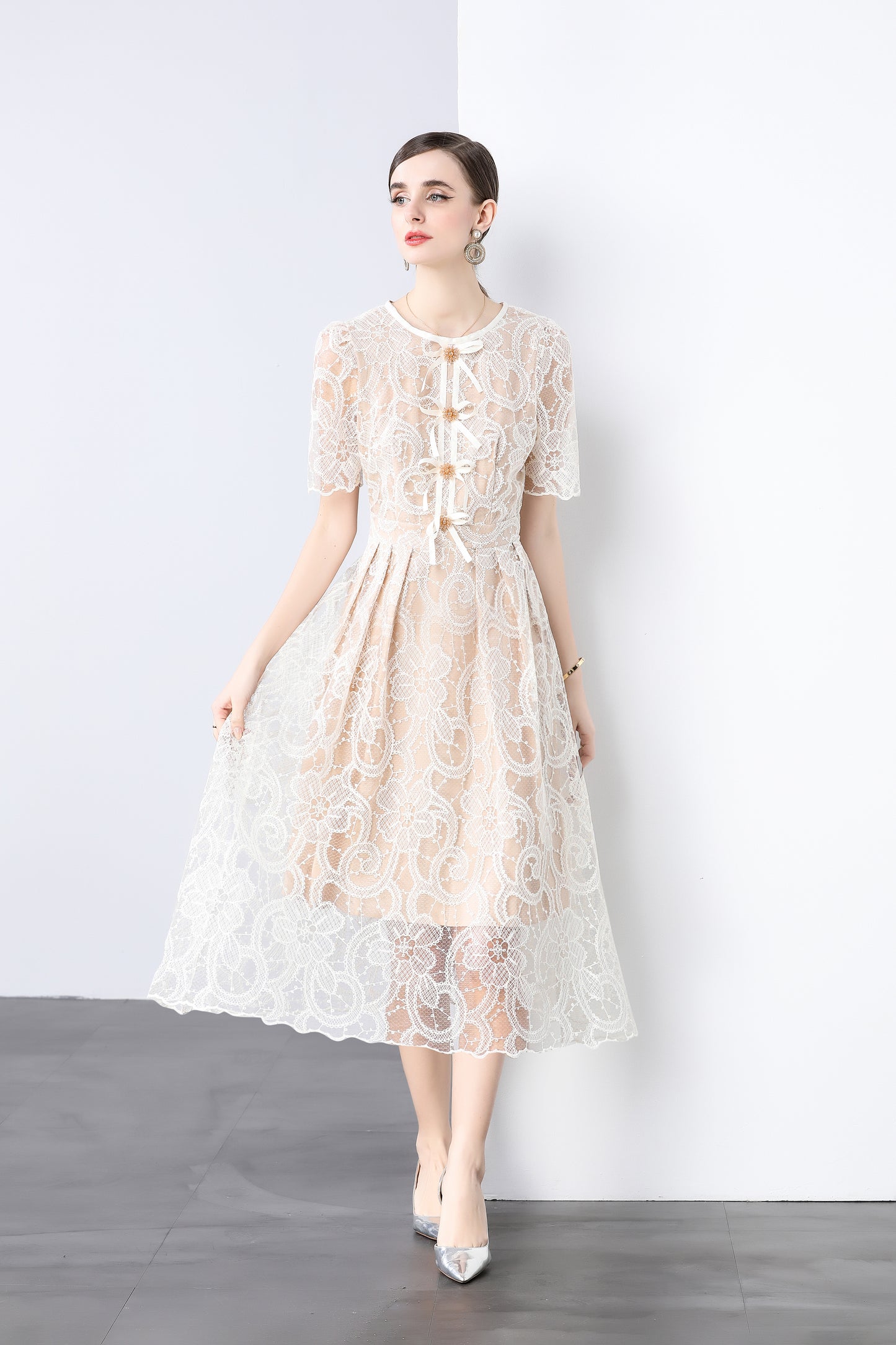 Cream Lace Bow Midi Dress – Romantic Puff Sleeve Summer Dress