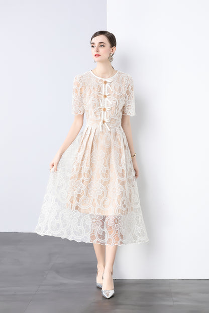 Cream Lace Bow Midi Dress – Romantic Puff Sleeve Summer Dress