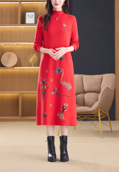 Women's Turtleneck Sweater Long Sleeve Red Dress