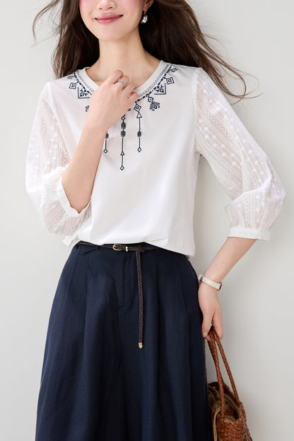 Embroidered Sheer Sleeve Blouse – Elegant 3/4 Sleeve Loose Fit Top