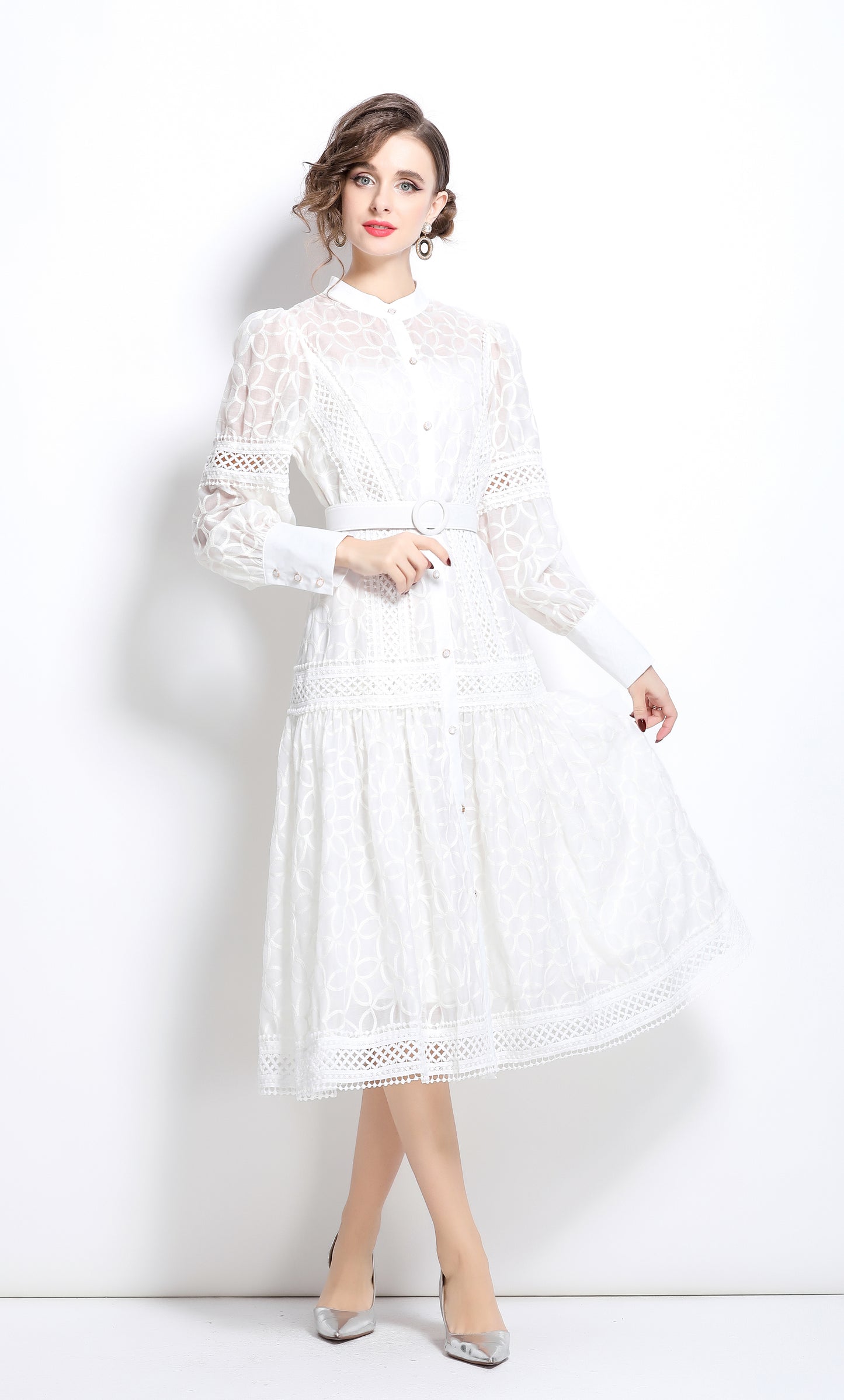 Lantern Sleeves Embroidery Button Midi Dress