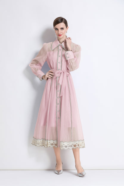 Women's Organza Lapel Neck Lace Midi Dress