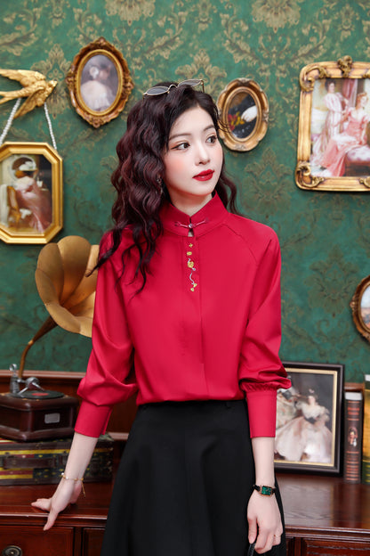 Women's Silk Satin Jacquard Long Sleeve Blouses