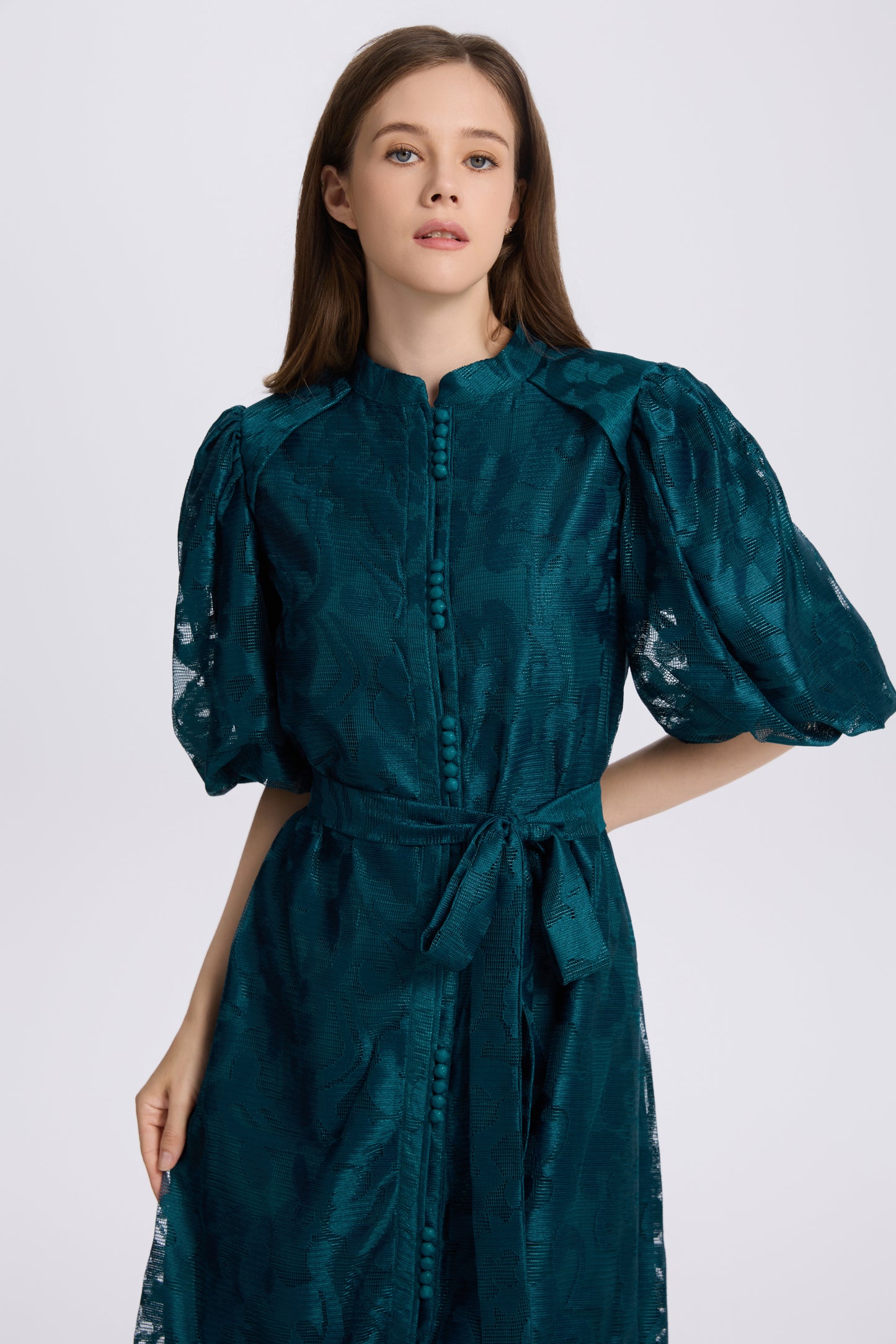 Loose Lace Midi Dress with Front Buttons, Ruffle Hem & Fully Lined - LAI MENG FIVE CATS