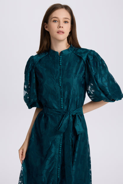 Loose Lace Midi Dress with Front Buttons, Ruffle Hem & Fully Lined - LAI MENG FIVE CATS
