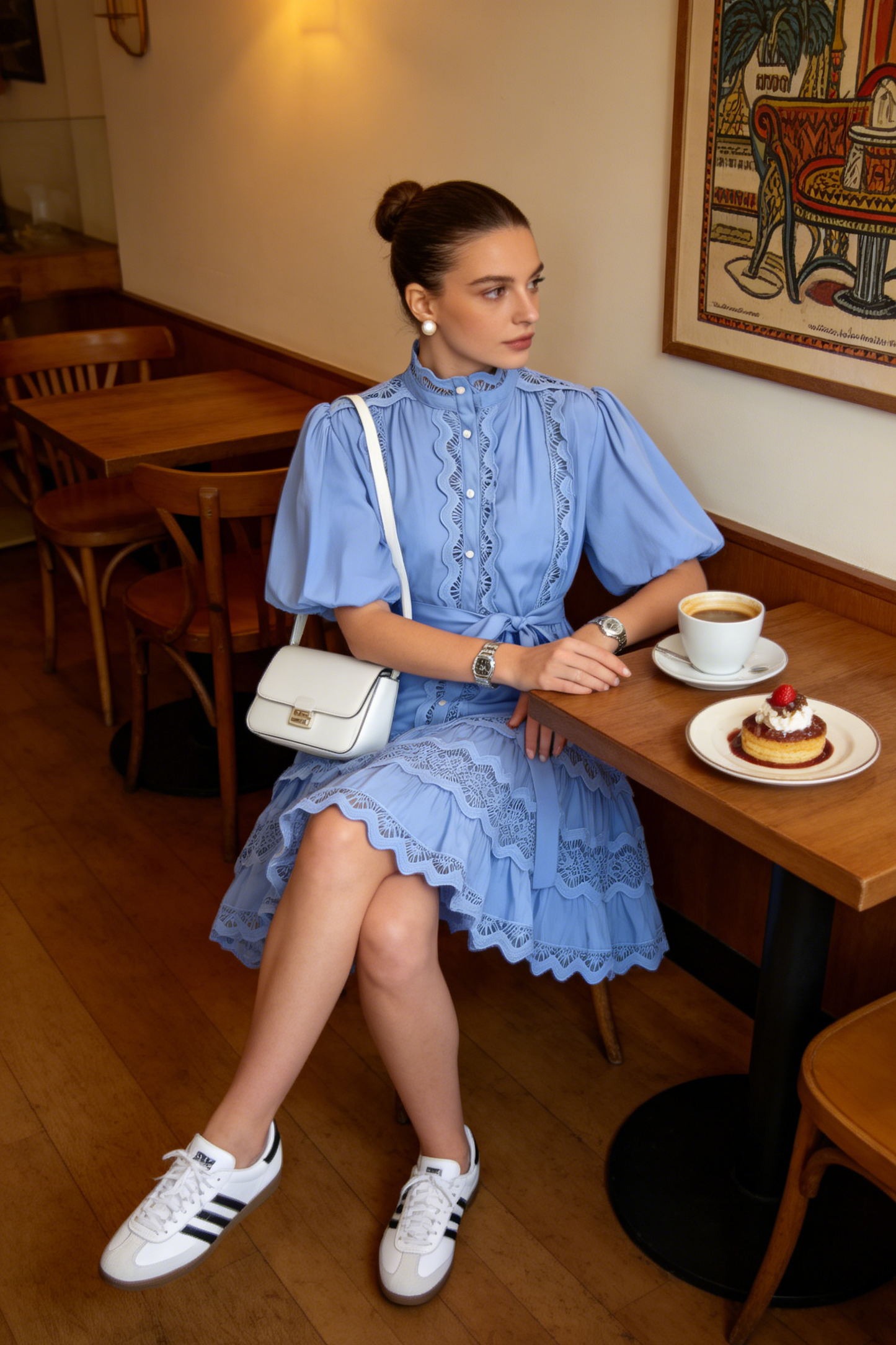Women’s Blue Lace Trim Mini Dress – Romantic European Summer Resort Style