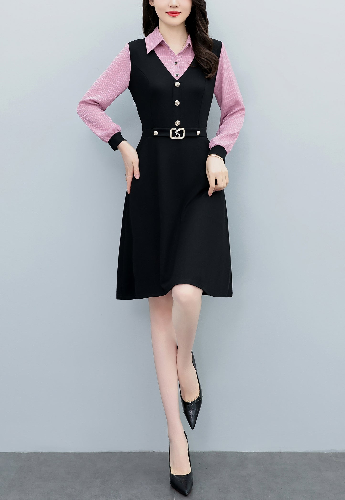 Women's Lapel V-Neck Pocket Long Sleeve Black Dress