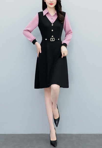 Women's Lapel V-Neck Pocket Long Sleeve Black Dress