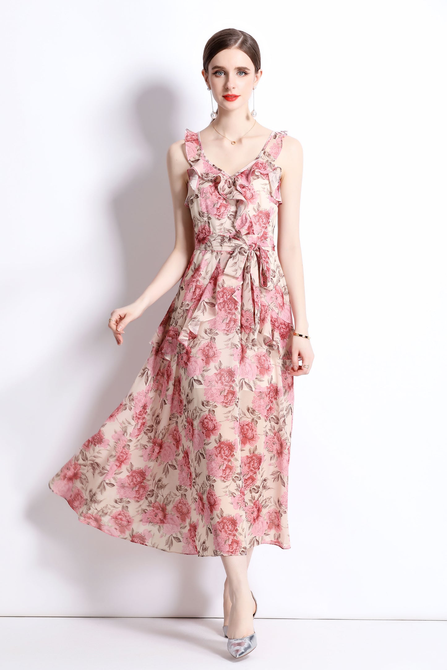 Pink Floral Print Ruffle Hem Backless Cami Dress