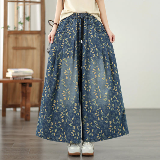 26-Women's Jeans Elastic Waist Baggy Wide Leg Denim - LAI MENG FIVE CATS