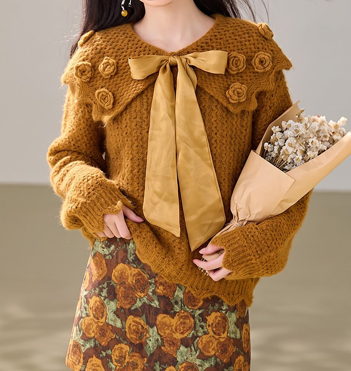 28725 Floral Bow Knit Sweater in Orange & Apricot